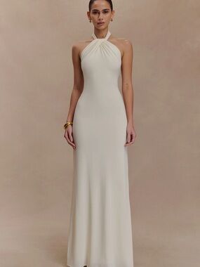 Meshki Cream Halter Backless Maxi Dress
